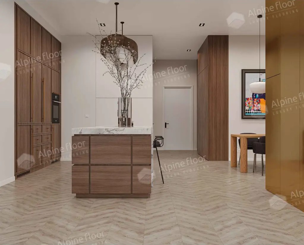 Кварцвиниловый SPC ламинат Alpine Floor Chevron Alpine Гикори ECO 18-21 французская елка 600×127×5 фото в интерьере Кварцвиниловый SPC ламинат Alpine Floor Chevron Alpine Гикори ECO 18-21 французская елка 600×127×5 фото в интерьере