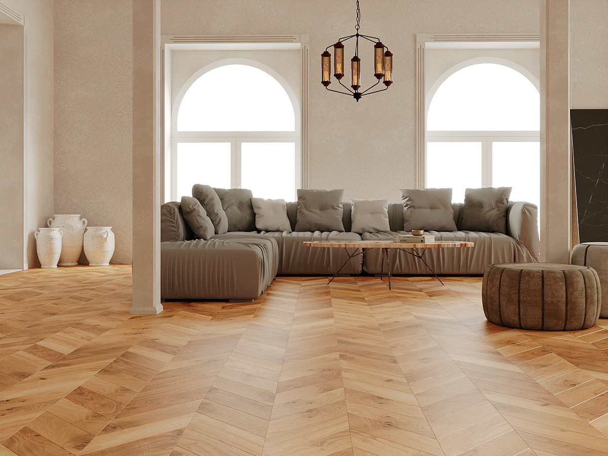 Инженерная доска Gran Parte Дуб Бискотти Biscotti 027 натур-классик французская елка 460×110×15 фото в интерьере