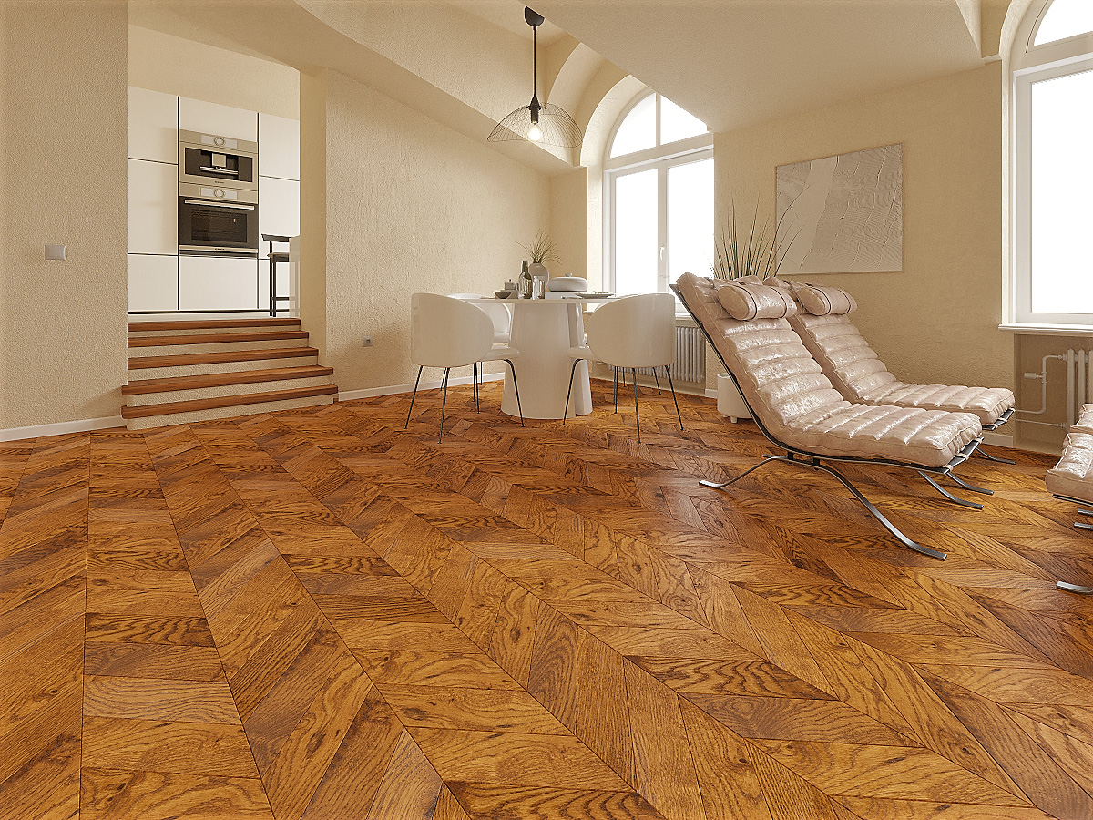 Инженерная доска Gran Parte Дуб Амаретто Amaretto 032 натур-классик французская елка 460×110×15 фото в интерьере