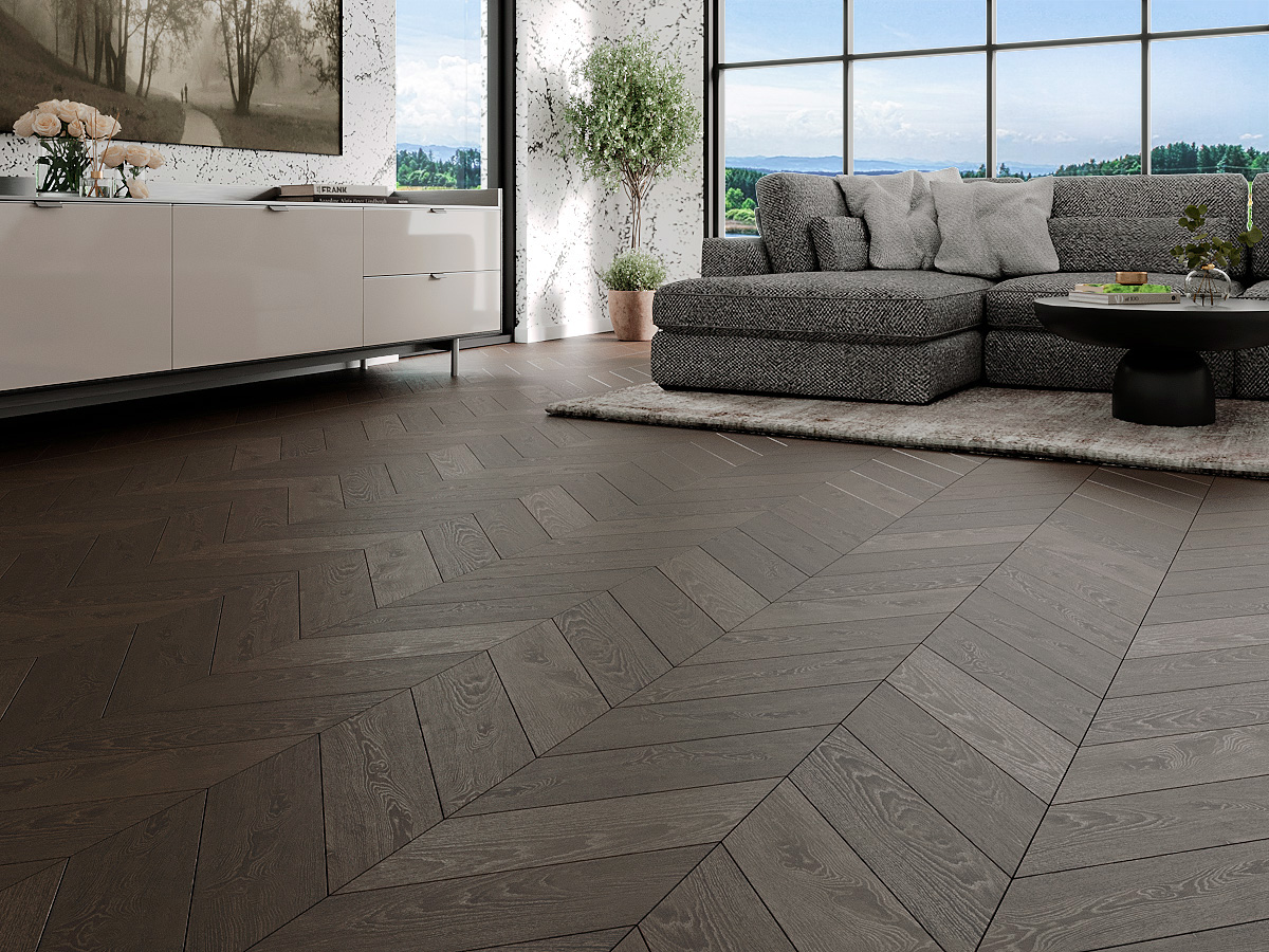 Инженерная доска Gran Parte Дуб Феличе Feliche 033 натур-классик французская елка 460×110×15 фото в интерьере