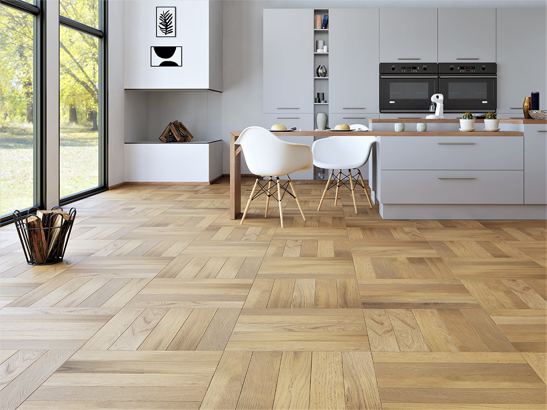 Инженерная доска Gran Parte Дуб Грано Grano 007 прайм-селект венгерская елка 550×110×15 фото в интерьере