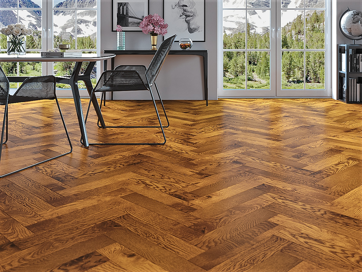 Инженерная доска Gran Parte Дуб Амаретто Amaretto 032 натур-классик венгерская елка 550×110×15 фото в интерьере