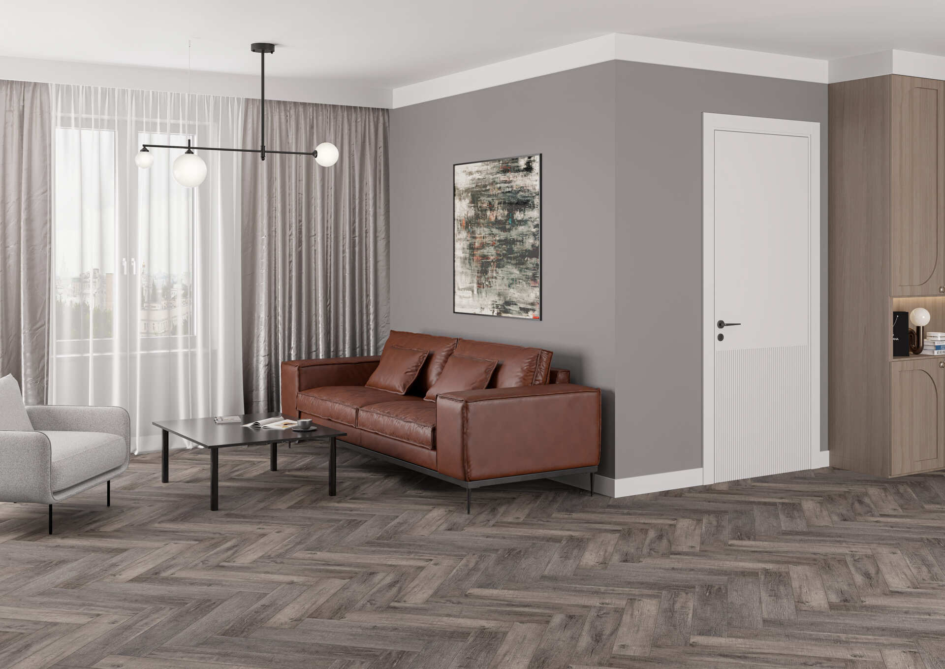 Кварцвиниловый SPC ламинат Alta Step Encanto Калабрия SPC4505 венгерская елка 630×126×4,3 фото в интерьере