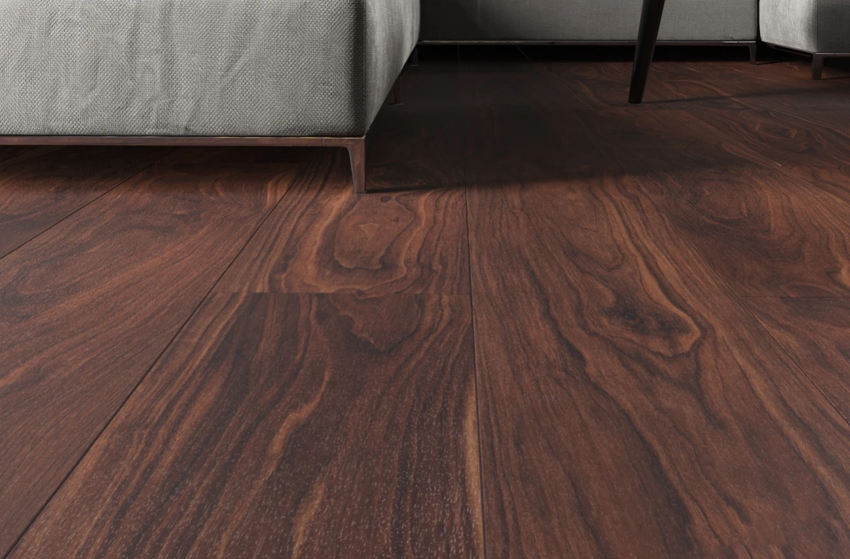 Кварцвиниловый SPC ламинат Vinilam Vinipol Орех Американский 8877-EIR 1220×228×6 фото в интерьере