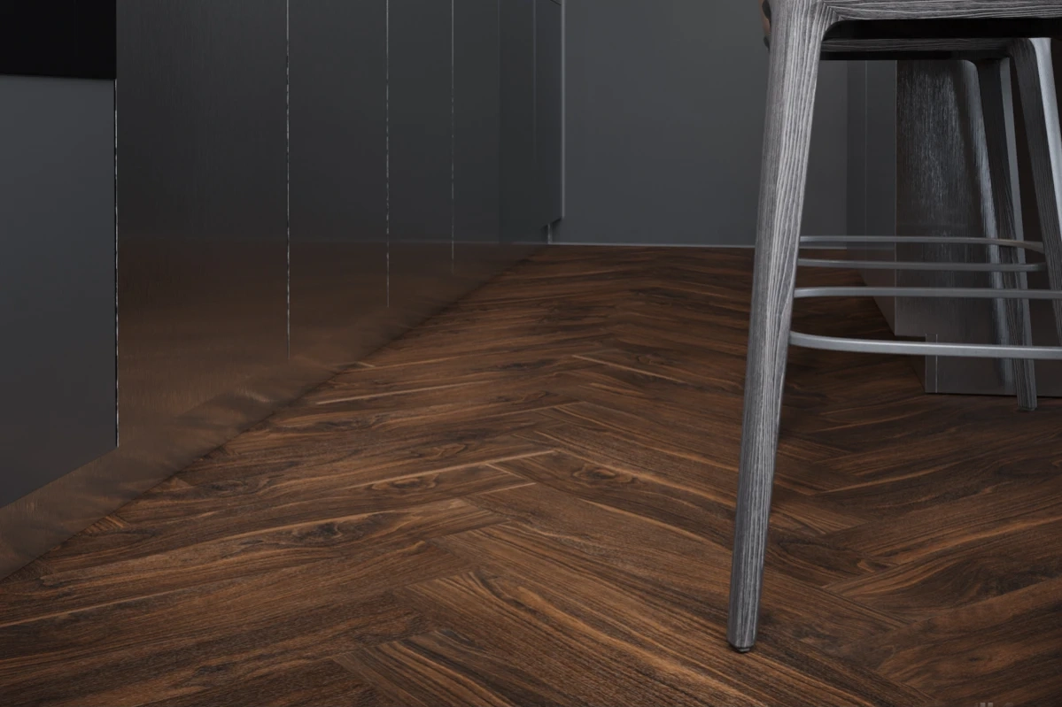 Кварцвиниловый SPC ламинат Vinilam Vinipol Herringbone Паркет Да Винчи 9977 венгерская елка 762×127×7 фото в интерьере