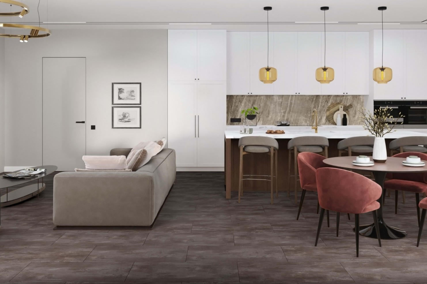 Кварцвиниловая плитка Damy Floor клеевая Ascent LVT Вайсхорн Weisshorn K3053-3-LVT 912,4×455,2×2,5 фото в интерьере