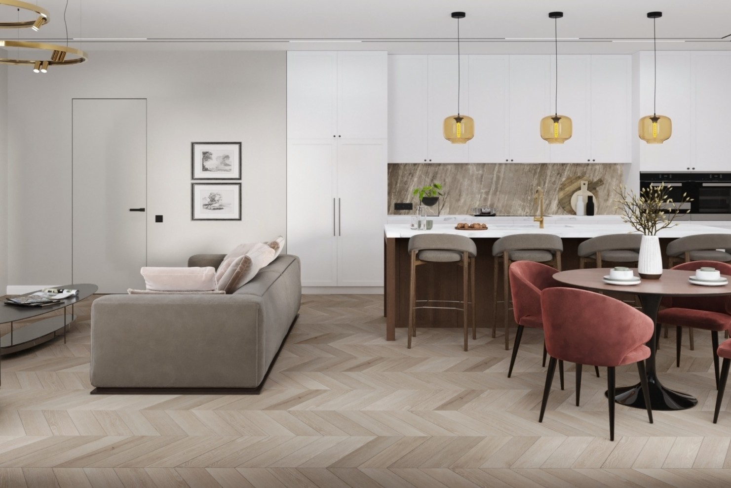Кварцвиниловая плитка Damy Floor клеевая Chevron LVT Пале-Рояль Palais Royal DF02-Ch-LVT французская елка 600×127×2,5 фото в интерьере