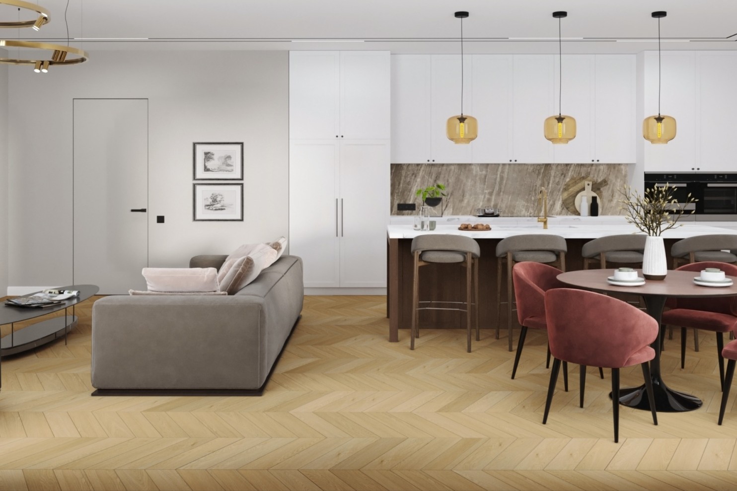 Кварцвиниловая плитка Damy Floor клеевая Chevron LVT Тюильри Tuileries DF03-Ch-LVT французская елка 600×127×2,5 фото в интерьере