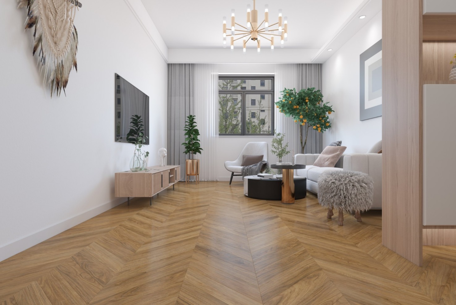 Кварцвиниловая плитка Damy Floor клеевая Chevron LVT Монсоро Montsoreau DF09-Ch-LVT французская елка 600×127×2,5 фото в интерьере