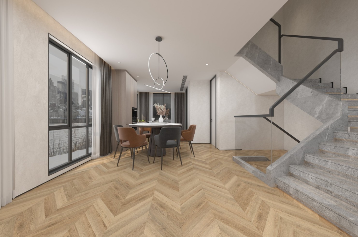Кварцвиниловая плитка Damy Floor клеевая Chevron LVT Сен-Клу Saint-Cloud DF10-Ch-LVT французская елка 600×127×2,5 фото в интерьере