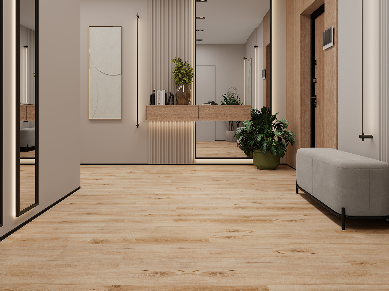 Кварцвиниловый SPC ламинат Cronafloor Alpha Дуб Москва А104 1200×180×3,5 фото в интерьере