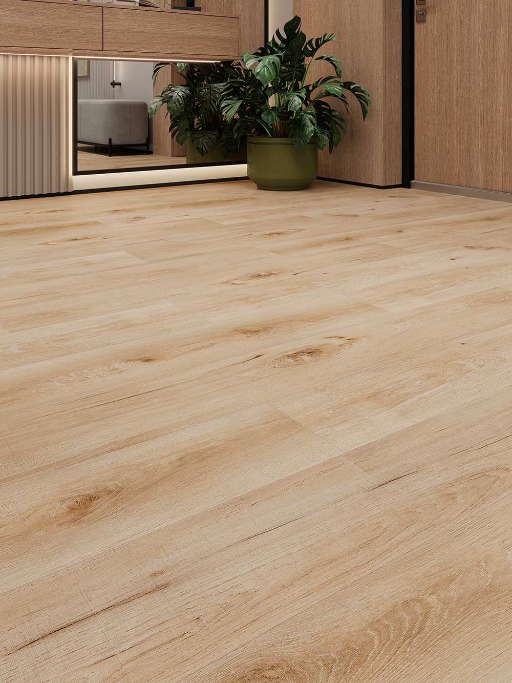 Кварцвиниловый SPC ламинат Cronafloor Alpha Дуб Москва А104 1200×180×3,5 фото в интерьере