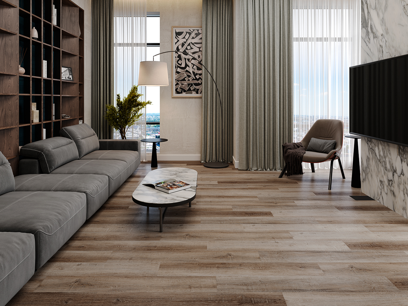 Кварцвиниловый SPC ламинат Cronafloor Alpha Дуб Мюнхен А102 1200×180×3,5 фото в интерьере