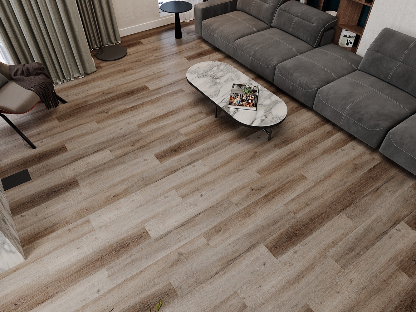 Кварцвиниловый SPC ламинат Cronafloor Alpha Дуб Мюнхен А102 1200×180×3,5 фото в интерьере