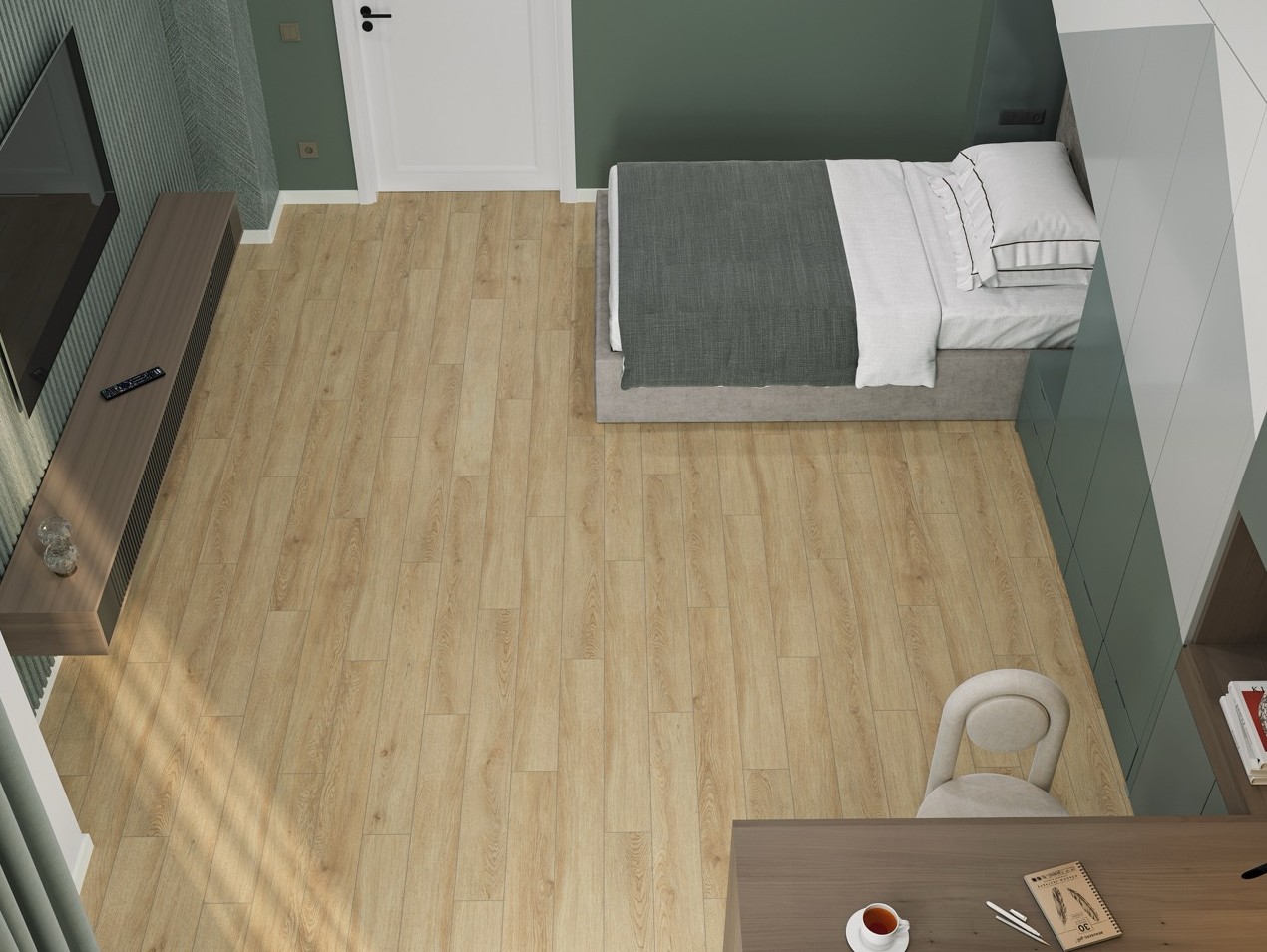 Кварцвиниловый SPC ламинат Cronafloor Joli Зиркон J1006 1200×150×4 фото в интерьере