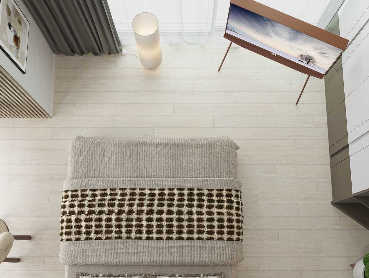 Кварцвиниловый SPC ламинат Cronafloor Joli Мондриан J1005 1200×150×4 фото в интерьере