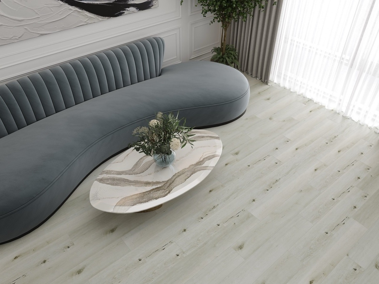 Кварцвиниловый SPC ламинат Cronafloor Radical Chic Белуна RC002 1200×180×5 фото в интерьере