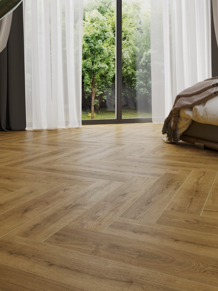 Кварцвиниловый SPC ламинат Cronafloor Herringbone 2.0 Дуб Анже H016 венгерская елка 640×128×4,5 фото в интерьере