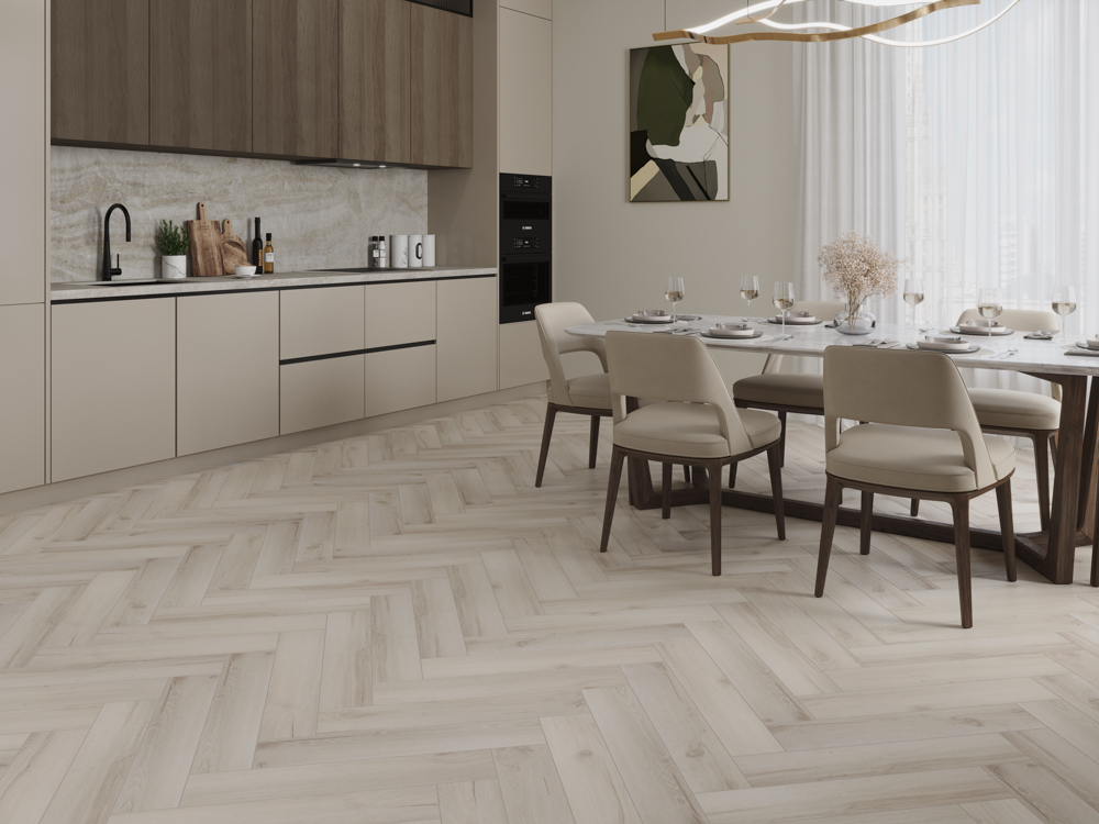 Кварцвиниловый SPC ламинат Cronafloor Herringbone 2.0 Дуб Гавр H013 венгерская елка 640×128×4,5 фото в интерьере