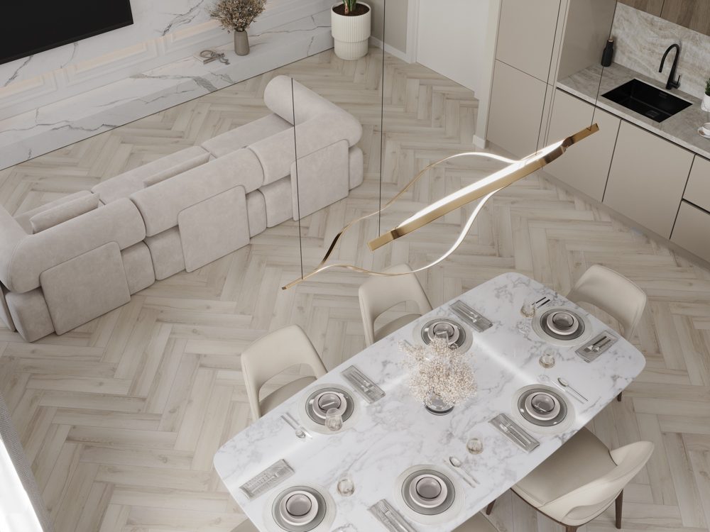 Кварцвиниловый SPC ламинат Cronafloor Herringbone 2.0 Дуб Гавр H013 венгерская елка 640×128×4,5 фото в интерьере