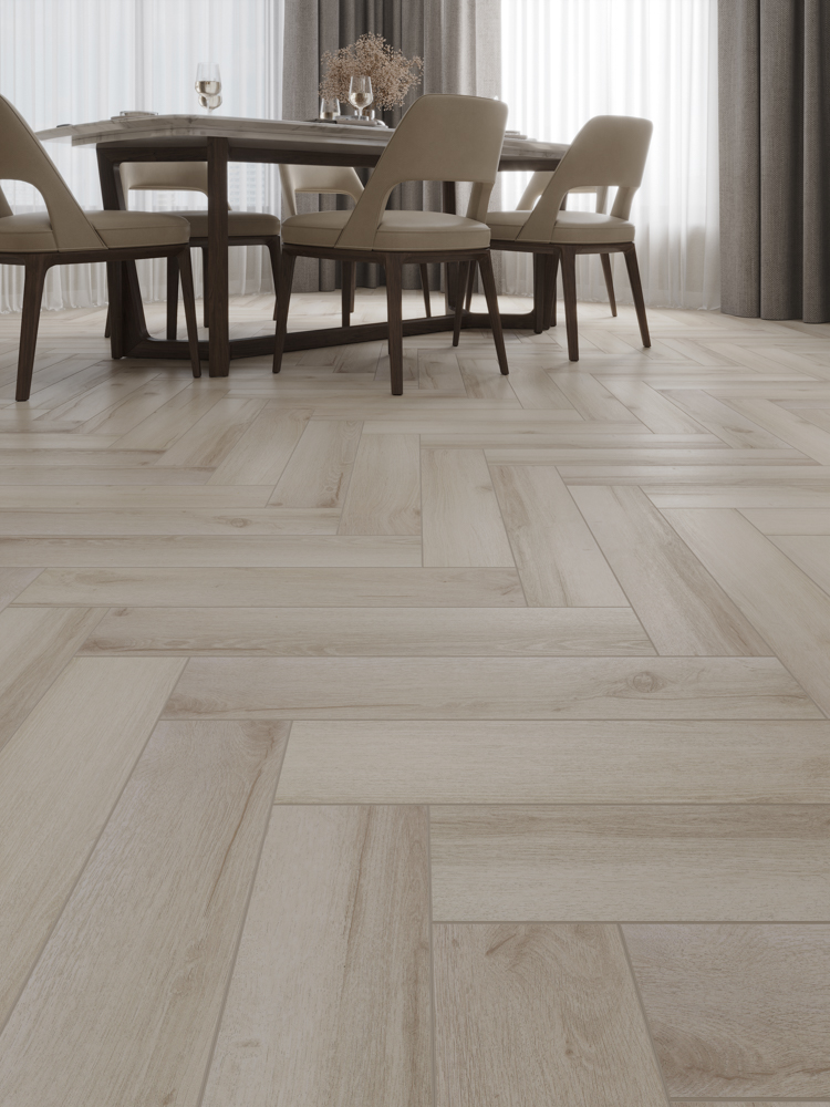 Кварцвиниловый SPC ламинат Cronafloor Herringbone 2.0 Дуб Гавр H013 венгерская елка 640×128×4,5 фото в интерьере