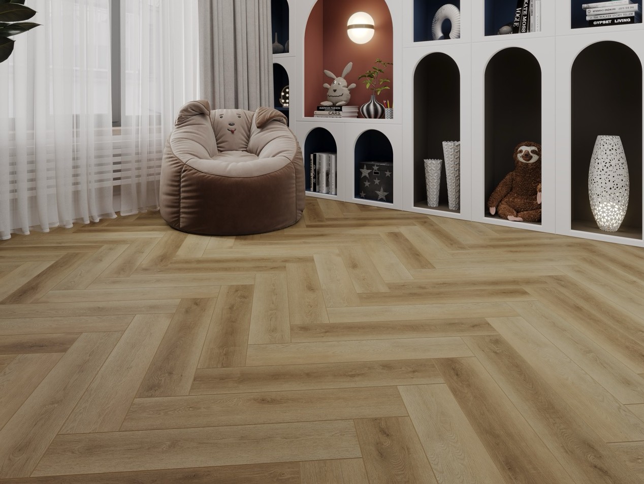 Кварцвиниловый SPC ламинат Cronafloor Herringbone 2.0 Дуб Лимож H020 венгерская елка 640×128×4,5 фото в интерьере