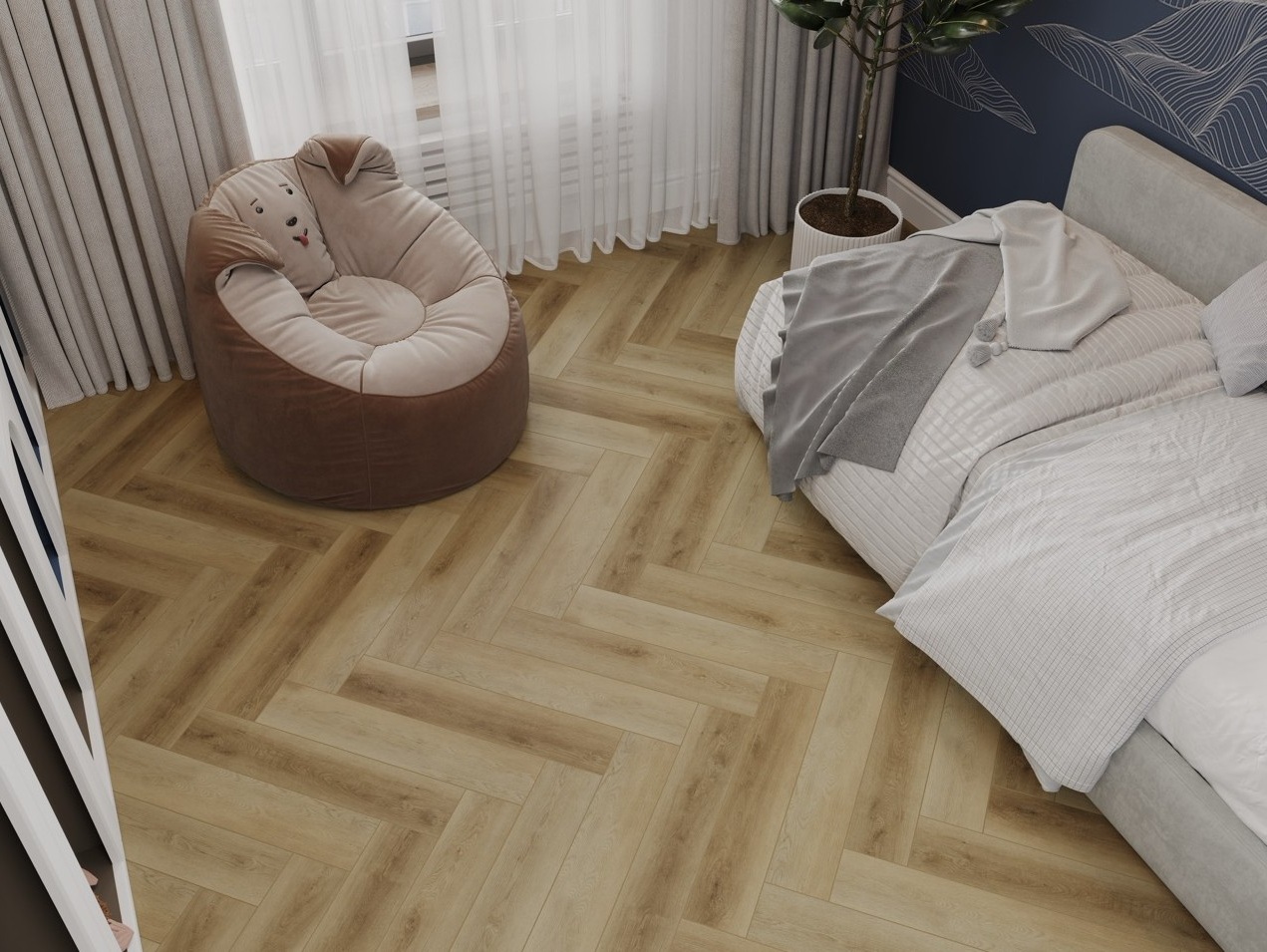 Кварцвиниловый SPC ламинат Cronafloor Herringbone 2.0 Дуб Лимож H020 венгерская елка 640×128×4,5 фото в интерьере