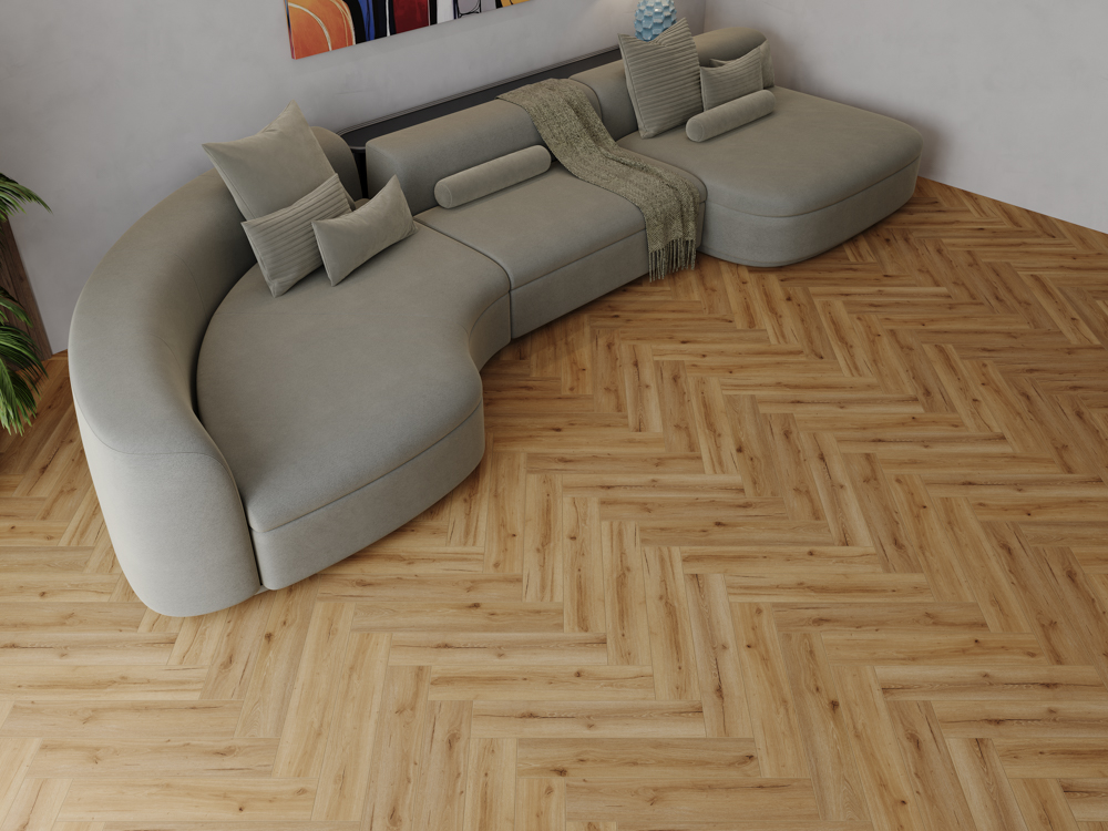 Кварцвиниловый SPC ламинат Cronafloor Herringbone 2.0 Дуб Лион H012 венгерская елка 640×128×4,5 фото в интерьере