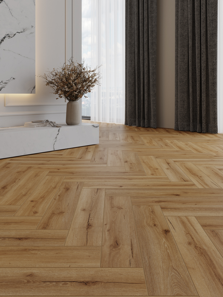 Кварцвиниловый SPC ламинат Cronafloor Herringbone 2.0 Дуб Лион H012 венгерская елка 640×128×4,5 фото в интерьере