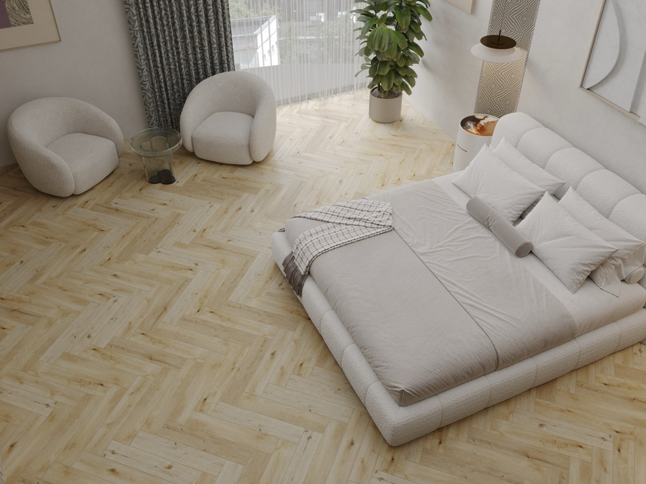 Кварцвиниловый SPC ламинат Cronafloor Herringbone 2.0 Дуб Ренн H014 венгерская елка 640×128×4,5 фото в интерьере