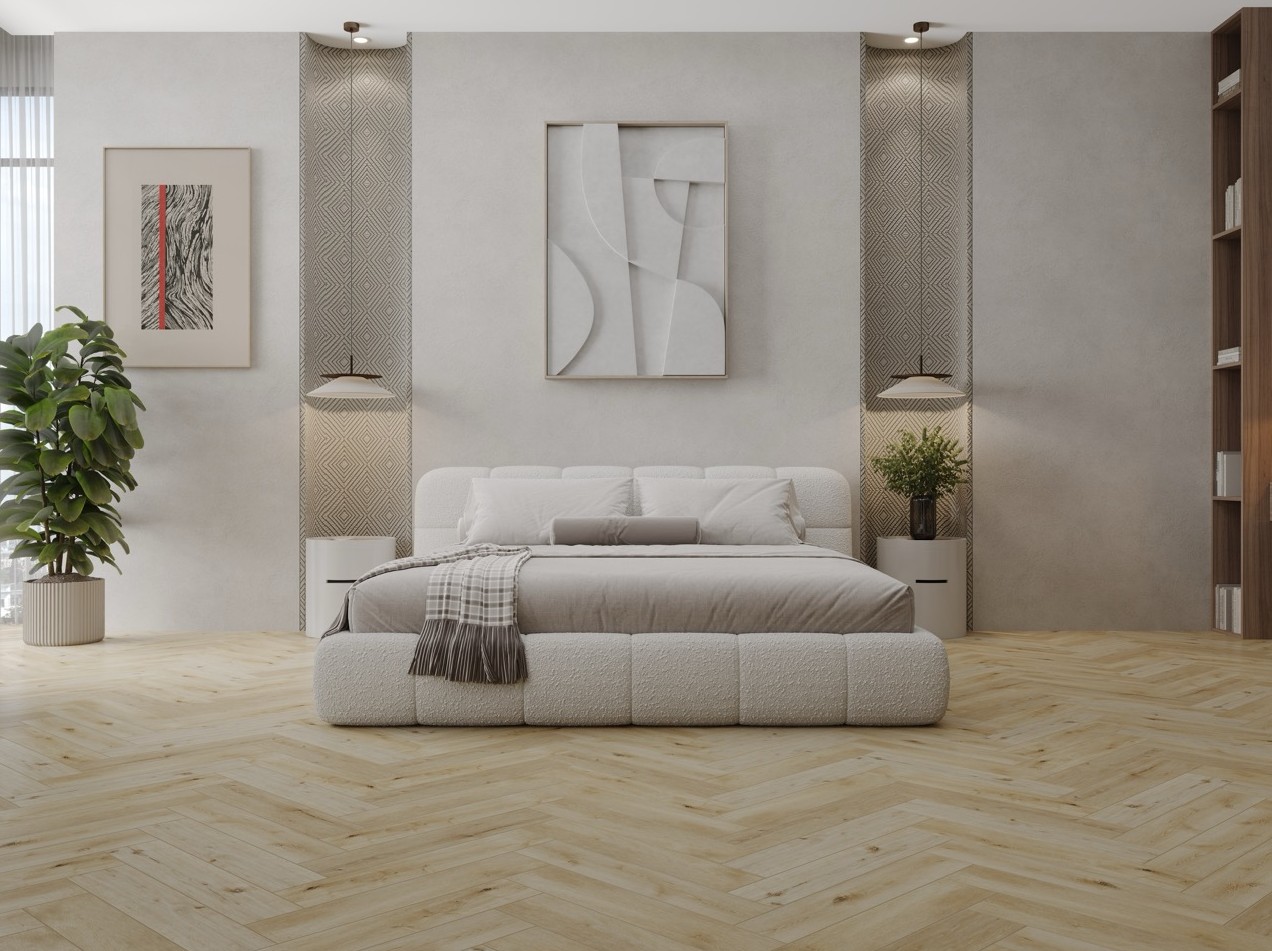 Кварцвиниловый SPC ламинат Cronafloor Herringbone 2.0 Дуб Ренн H014 венгерская елка 640×128×4,5 фото в интерьере