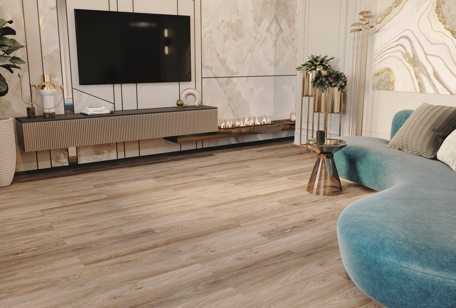 Кварцвиниловый SPC ламинат Bonkeel Style Дуб Бонди 1200×125×4 фото в интерьере