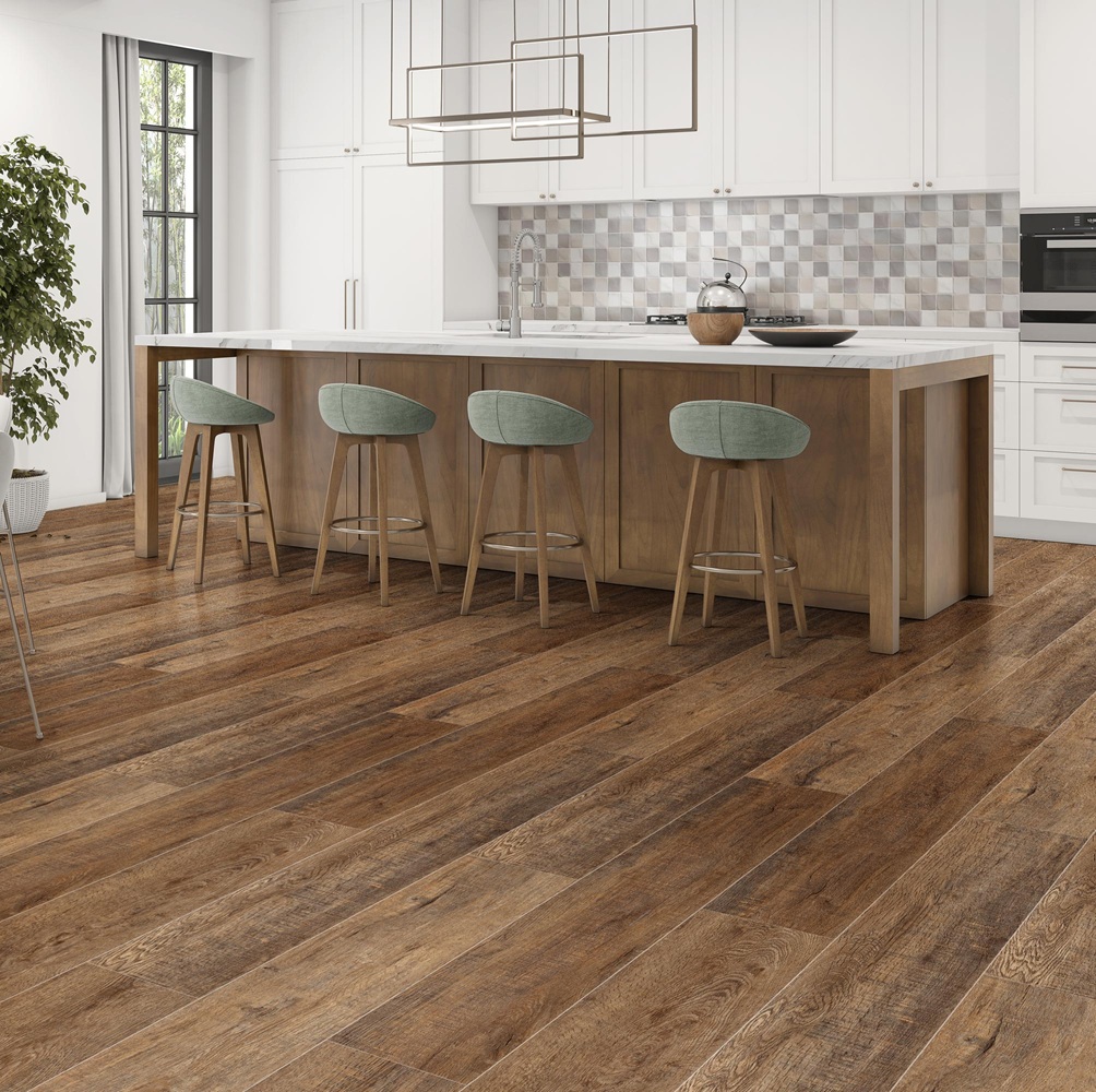 Кварцвиниловый SPC ламинат Bonkeel Style Дуб Махо 1200×125×4 фото в интерьере