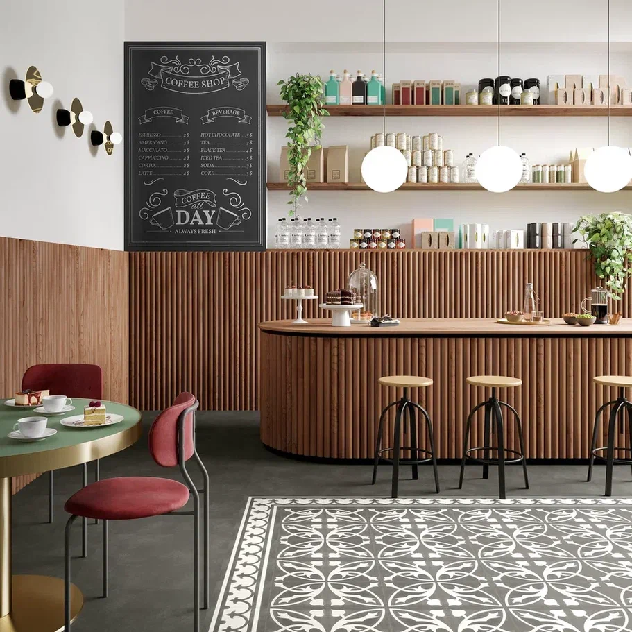 Кварцвиниловая плитка Invictus клеевая Maximus Tile Victorian Deco Charcoal 229×229×2,5 фото в интерьере