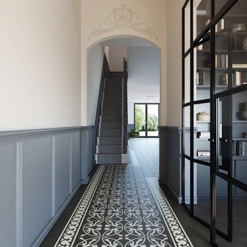 Кварцвиниловая плитка Invictus клеевая Maximus Tile Victorian Deco Charcoal 229×229×2,5 фото в интерьере