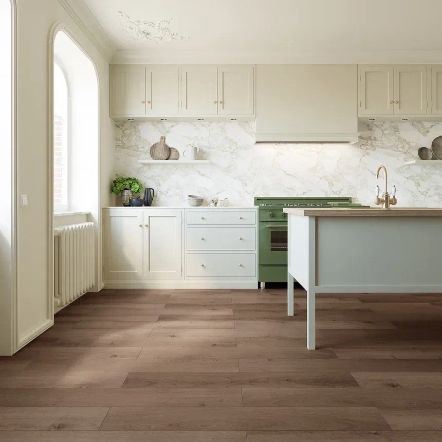 Кварцвиниловый SPC ламинат Invictus Maximus Plank Highland Oak Chocolate 1213×178×6 фото в интерьере