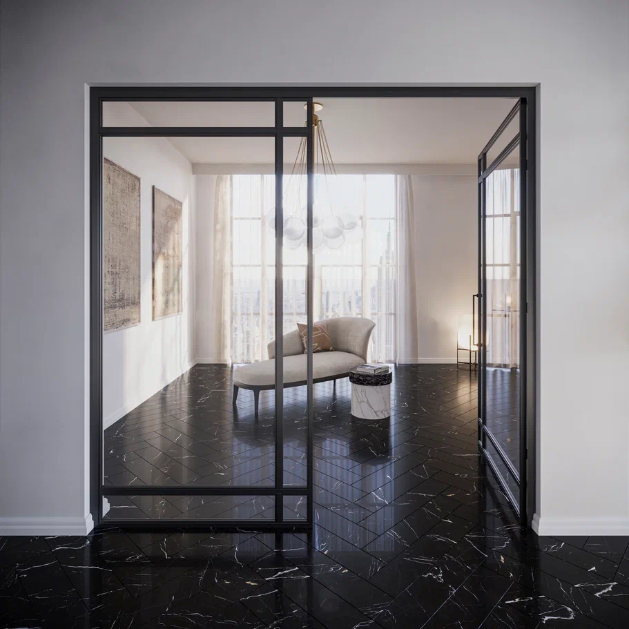 Кварцвиниловый SPC ламинат Invictus Maximus Herringbone Black Marble Noir венгерская елка 743×145×5 фото в интерьере