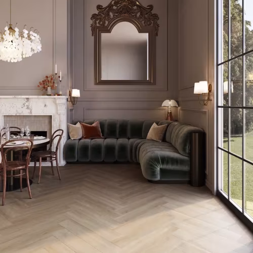 Кварцвиниловый SPC ламинат Invictus Maximus Herringbone Divine Oak Champagne венгерская елка 743×145×5