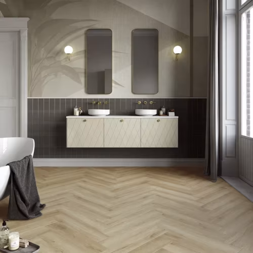 Кварцвиниловый SPC ламинат Invictus Maximus Herringbone River Oak Silt венгерская елка 743×145×5