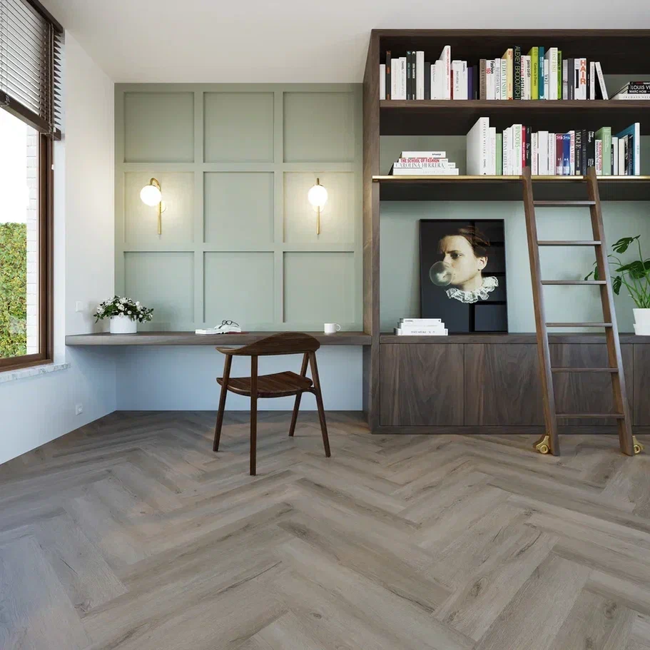 Кварцвиниловый SPC ламинат Invictus Maximus Herringbone River Oak Trout венгерская елка 743×145×5 фото в интерьере