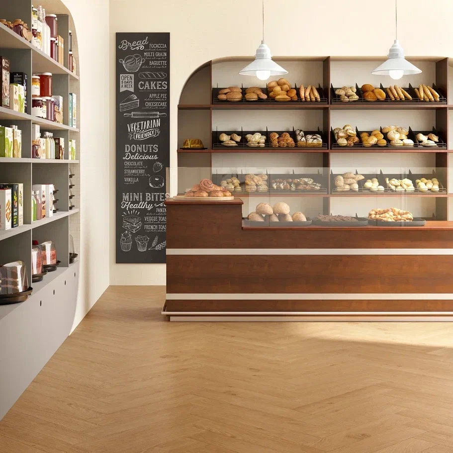 Кварцвиниловая плитка Invictus клеевая Maximus Herringbone Highland Oak Classic венгерская елка 749×150×2,5 фото в интерьере