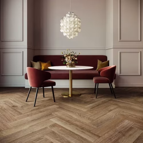Кварцвиниловая плитка Invictus клеевая Maximus Herringbone Highland Oak Roasted венгерская елка 749×150×2,5