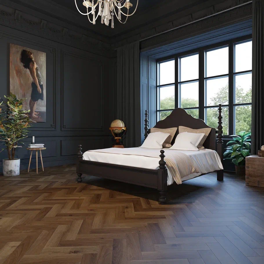 Кварцвиниловая плитка Invictus клеевая Maximus Parquet Highland Oak Chocolate венгерская елка 406×102×2,5 фото в интерьере