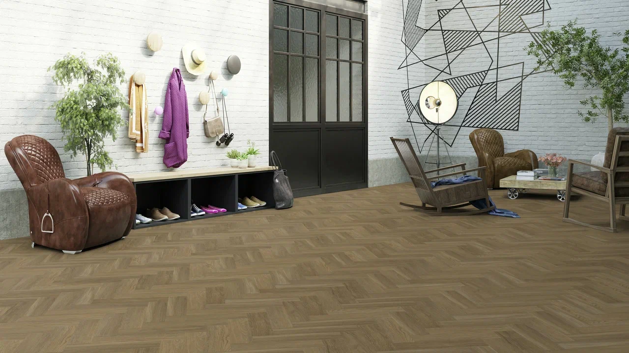 Кварцвиниловая плитка Invictus клеевая Maximus Parquet New England Oak Toffee венгерская елка 406×102×2,5 фото в интерьере