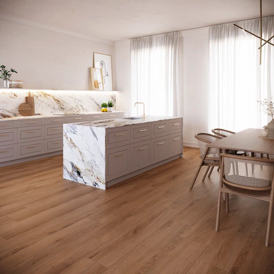 Кварцвиниловая плитка Invictus клеевая Primus Plank Riviera Oak Caramel 1219×178×2 фото в интерьере