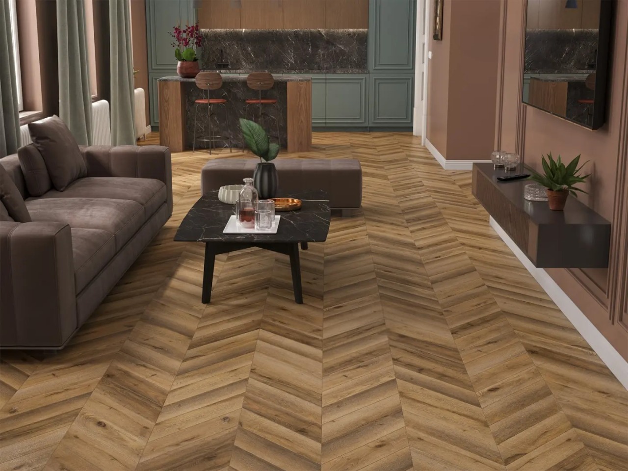 Ламинат Alpine Floor Chevron Art Дуб Эльбрус LF109-04 французская елка 550×112×12 фото в интерьере