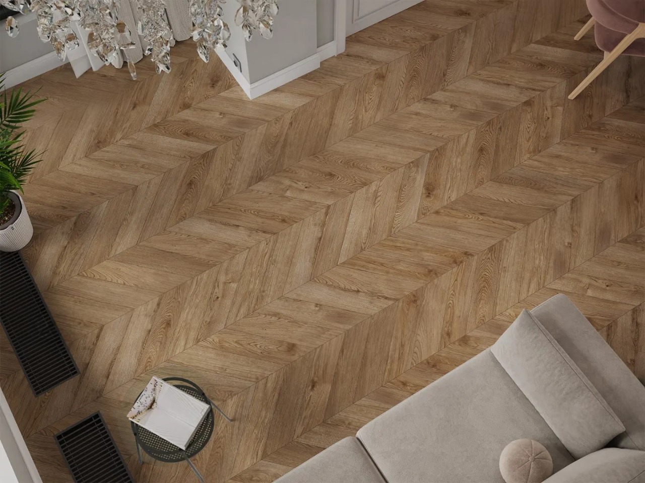 Ламинат Alpine Floor Chevron Art Дуб Эверест LF109-06 французская елка 550×112×12 фото в интерьере