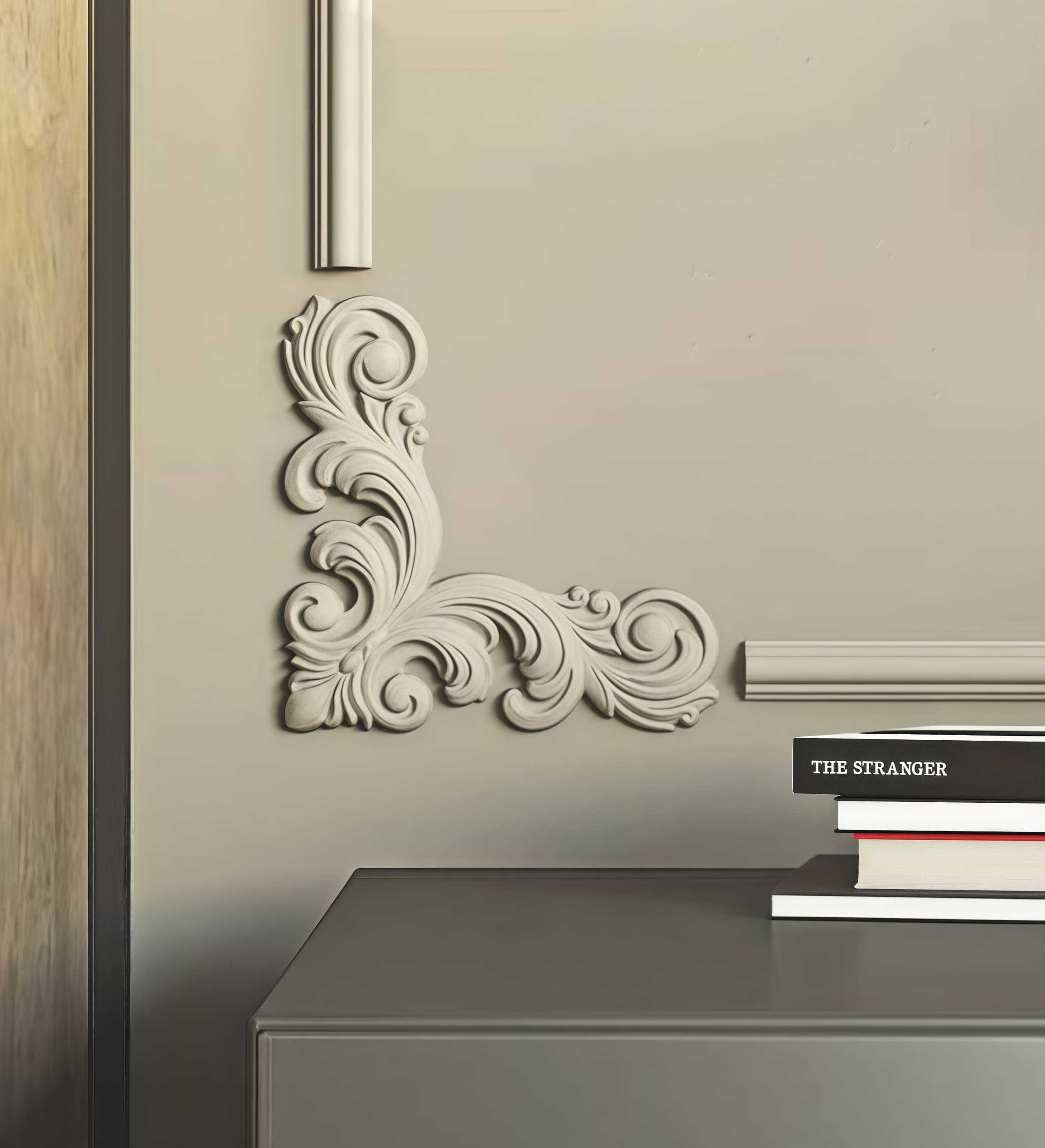 Угловой элемент к молдингу под покраску Bello Deco УУ1 190×190×12 фото в интерьере