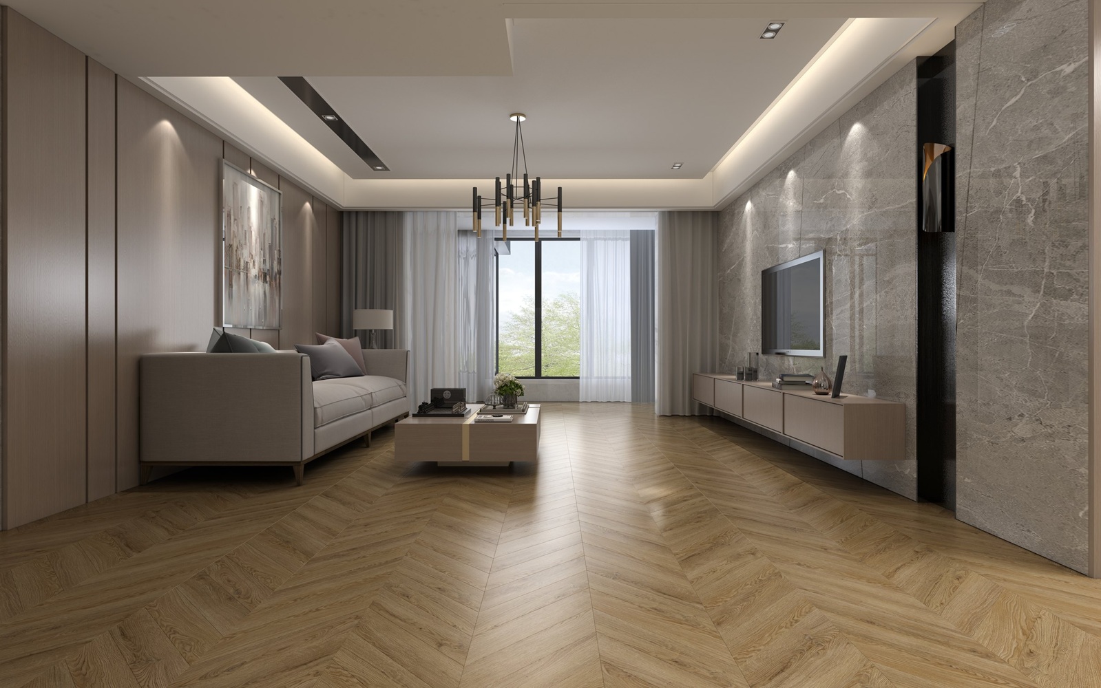 Кварцвиниловая плитка Damy Floor клеевая Chevron LVT Лувр Louvre DF04-Ch-LVT французская елка 600×127×2,5 фото в интерьере