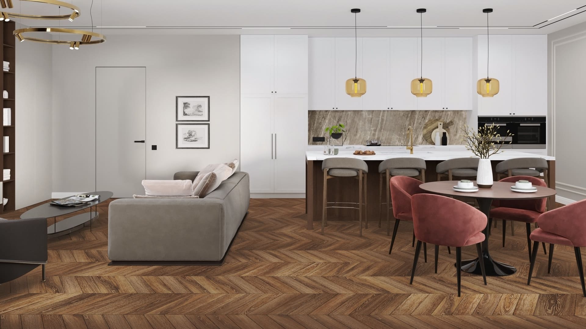 Кварцвиниловая плитка Damy Floor клеевая Chevron LVT Шайо Chaillot DF07-Ch-LVT французская елка 600×127×2,5 фото в интерьере